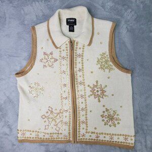 Designers Originals Winter Sweater Vest Women XL Cream Zip Up Snowflake Buttons